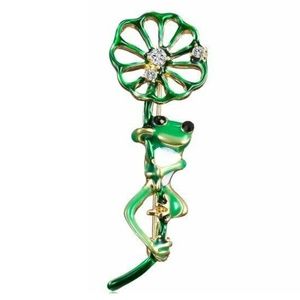 Green Enamel Frog Lotus Brooch NWT